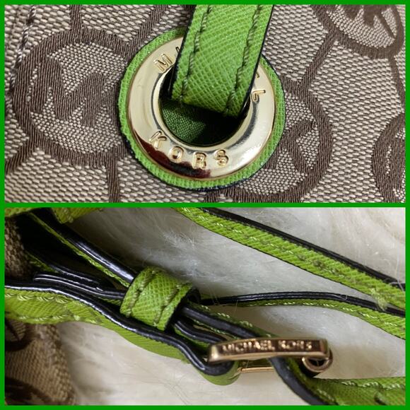 MICHAEL KORS JET SET Vintage Khaki Signature Canvas Pocket Tote w/Green Trim - Picture 7 of 16